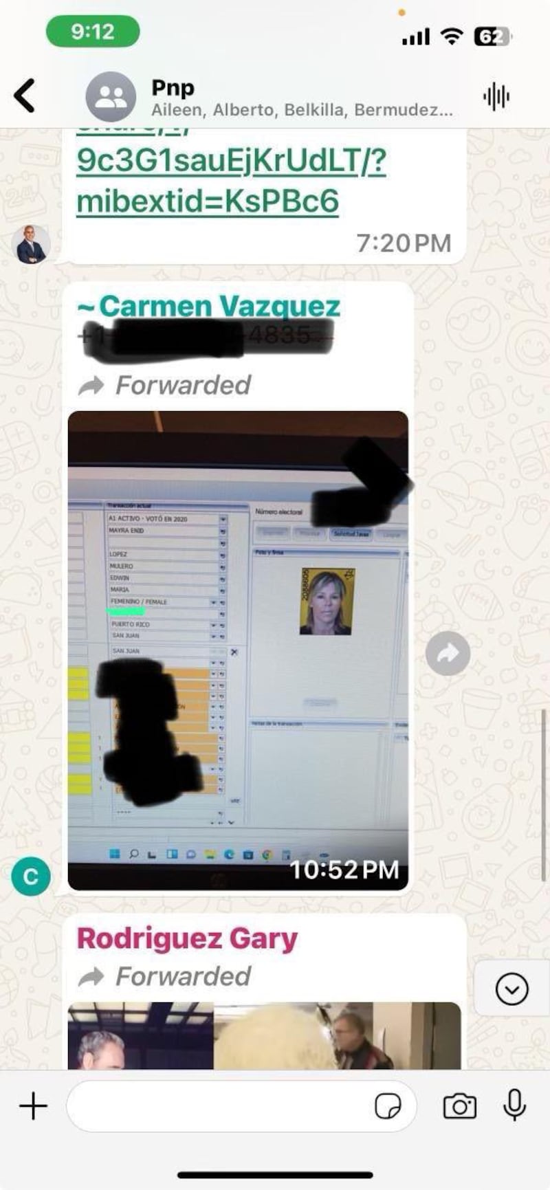 Captura de pantalla de un chat nombrado “Pnp” en el que aparece el nombre de Carmen Vázquez compartiendo datos electorales de la abogada Mayra López Mulero.