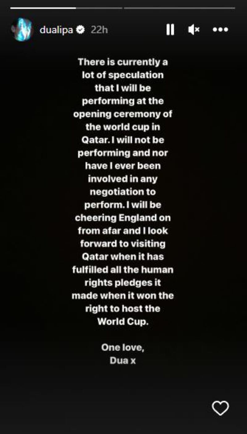 Comunicado de Dua Lipa sobre su participación en Qatar 2022