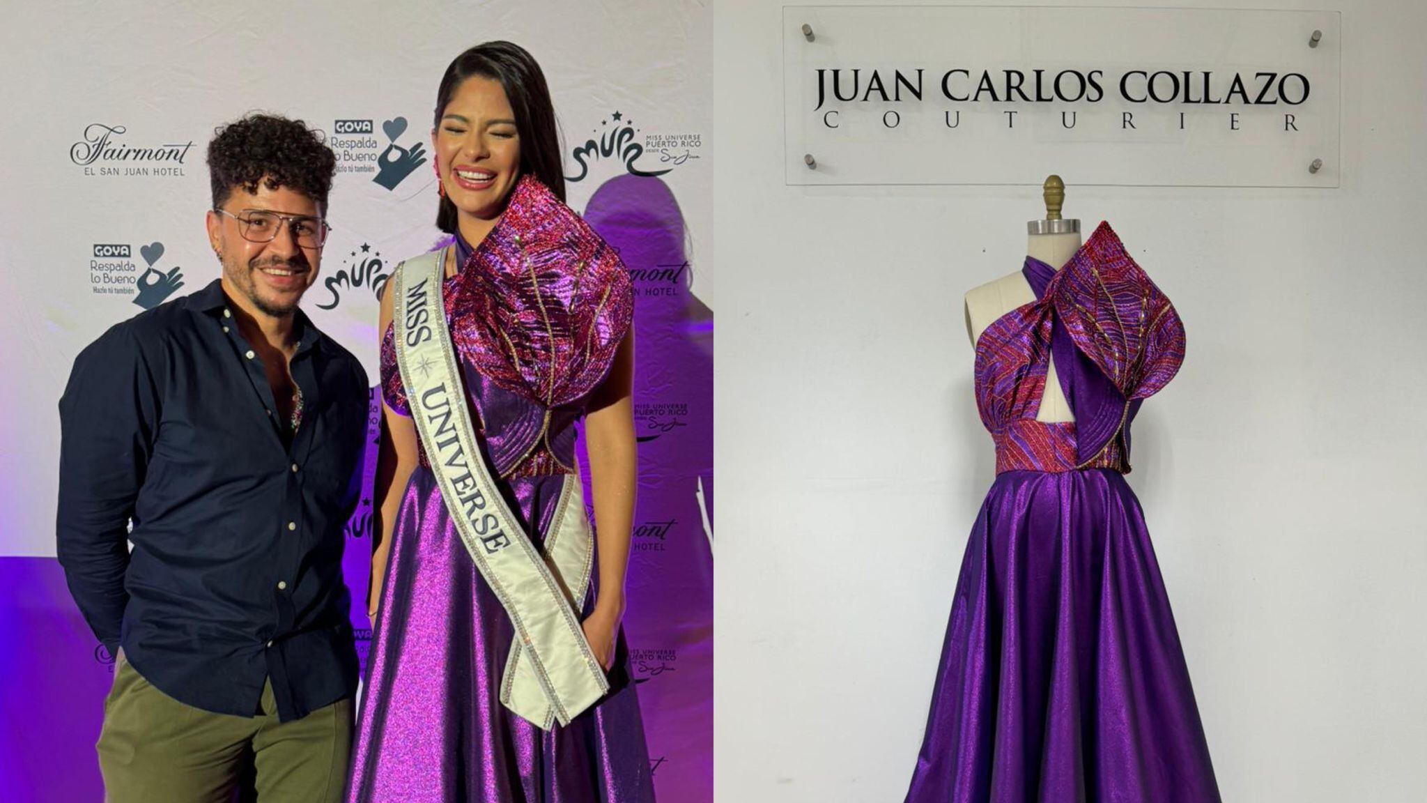 Diseñador boricua Juan Carlos Collazo junto a Sheynnis Palacios Cornejo; Miss Universo 2023.