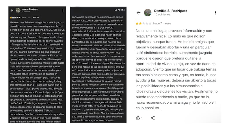 Capturas de pantalla de opiniones dejadas en Google Maps sobre los servicios de Hope Women’s Clinic. Muchas de estas han sido borradas.