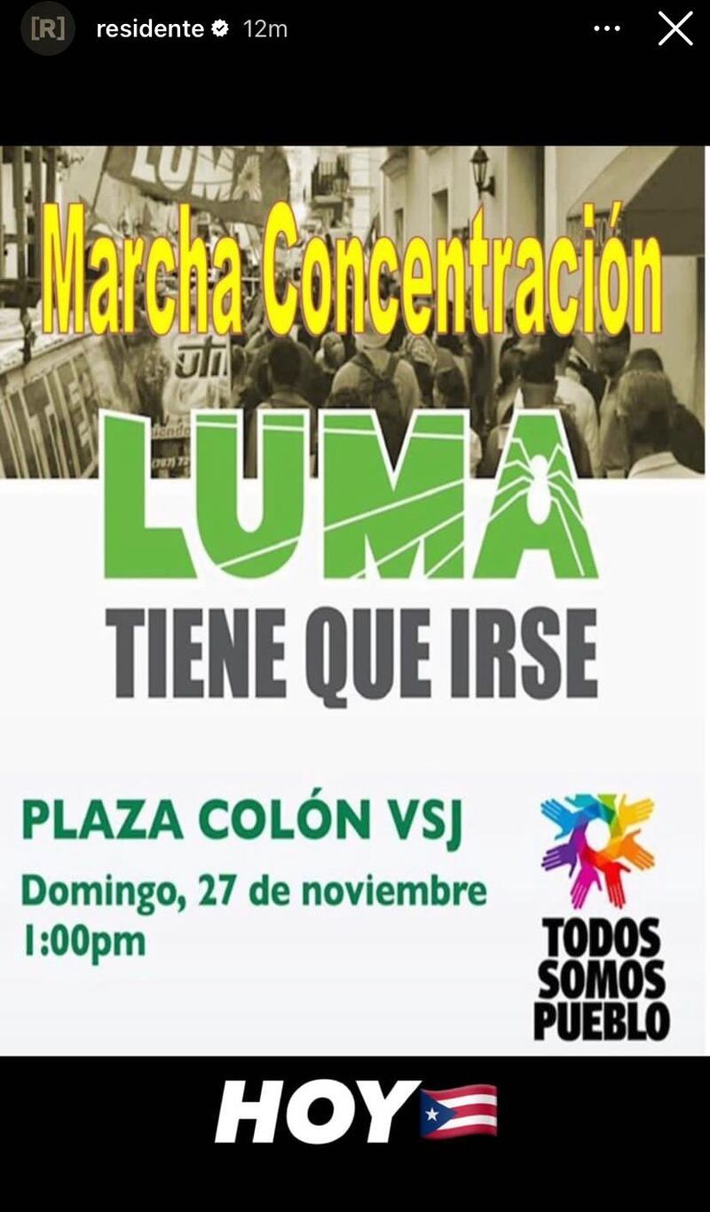 Residente comparte convocatoria de marcha contra LUMA