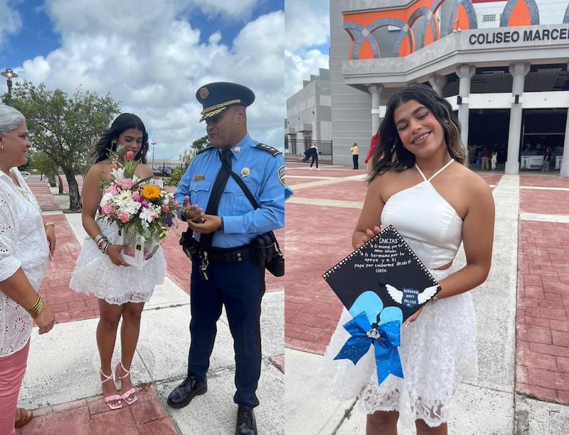 Policías escoltan a hija de sargento fallecido en su graduación en Humacao.