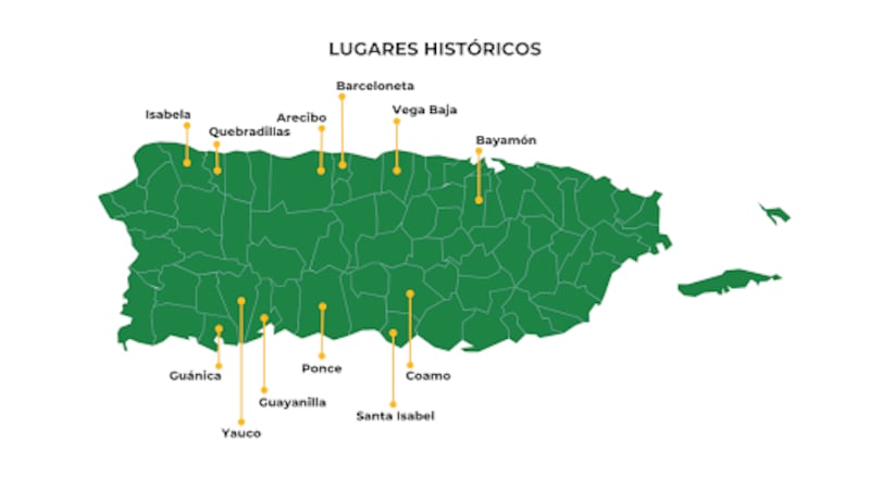 Mapa de Puerto Rico que identifica los lugares históricos donde se ha encontrado el sapo concho