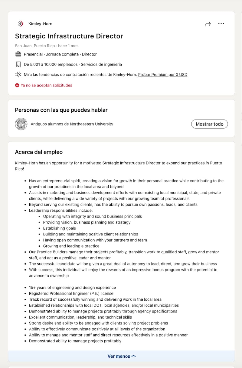 Captura de pantalla de la convocatoria de empleo de Kimley-Horn.