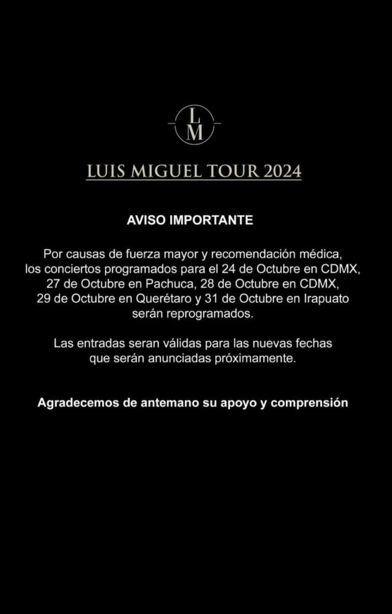 Luis Miguel cancela una serie de presentaciones en México