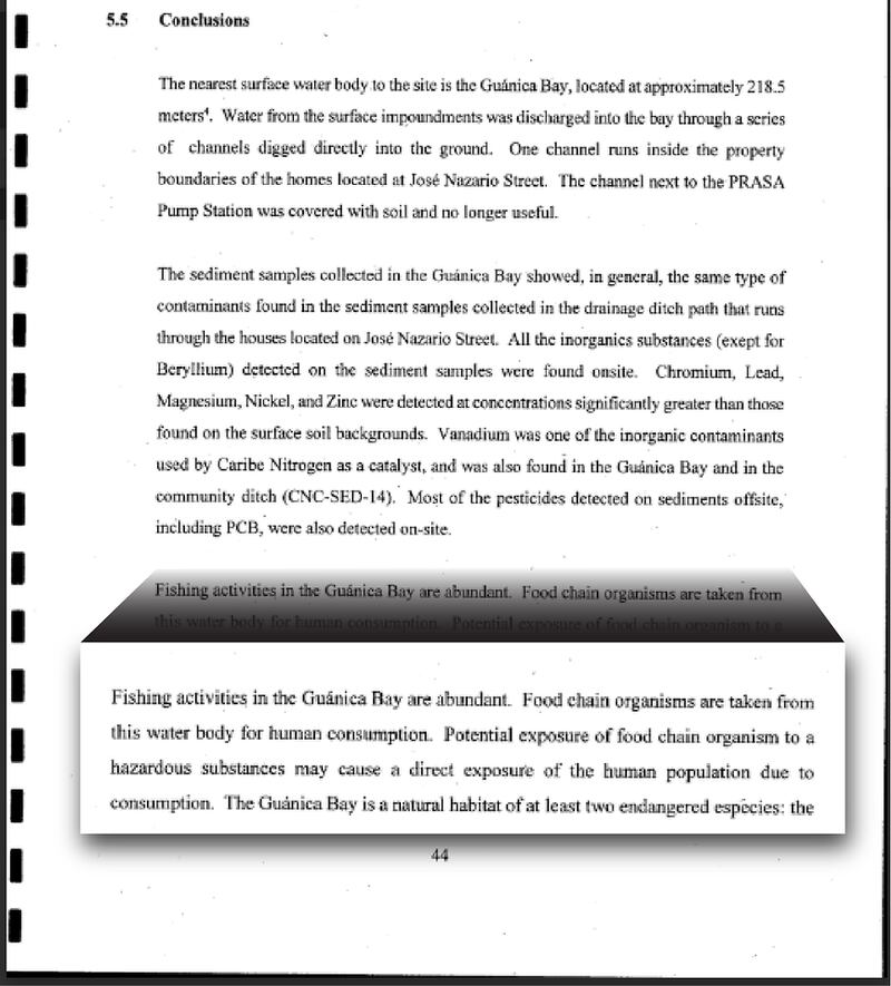 Captura de informe de la JCA a la EPA en 1998 sobre la posibilidad de exposición al químico mediante la cadena alimentaria.