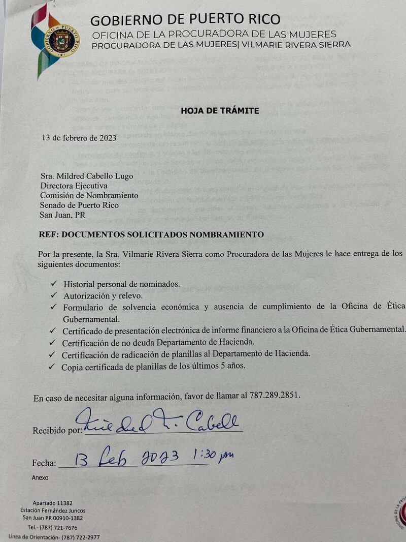 Ante la Comisión de Nombramientos del Senado, los documentos de la designada procuradora de las mujeres.