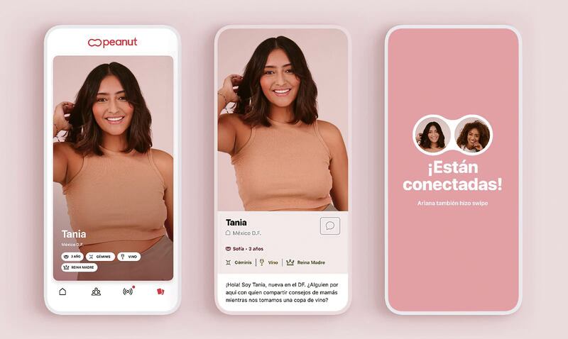 Una muestra de cómo luce la app. Aparecen tres pantallas de celular. En las primeras dos se observan perfiles, y en la tercera una notificación que lee ¡Están conectadas!.