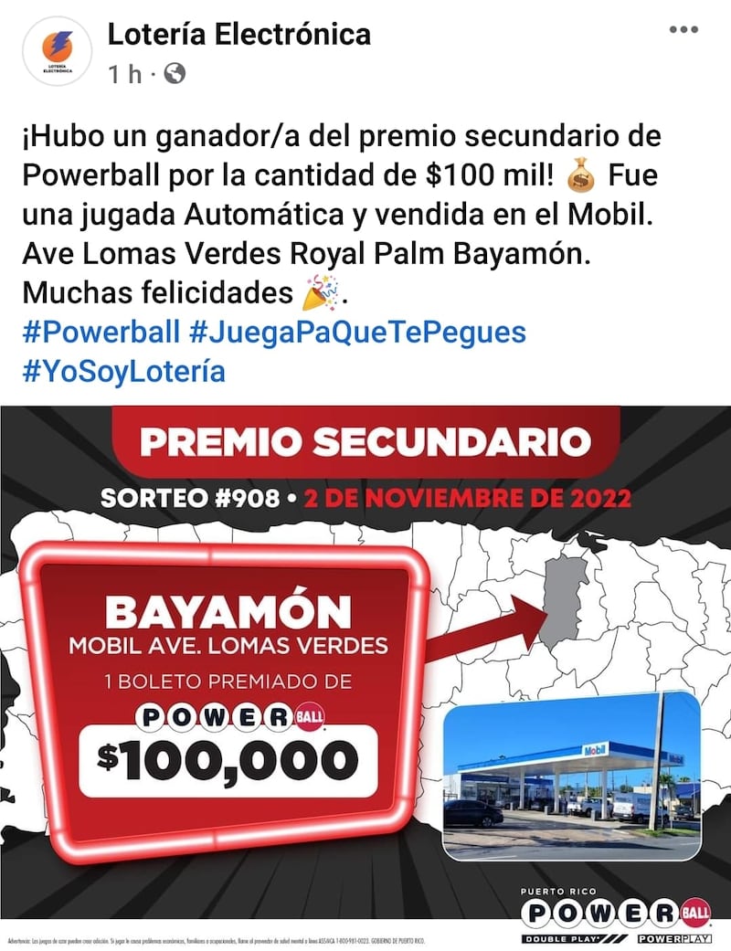 Uno de los premio secundarios del Powerball se vendió en Bayamón