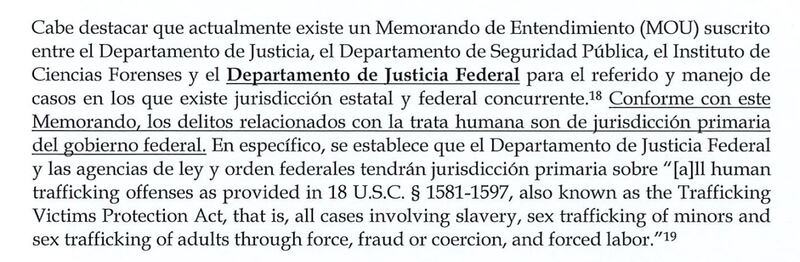 El texto es parte de un análisis realizado por la agencia estatal sobre el Proyecto del Senado 1237, que tiene como finalidad crear el Observatorio de Trata Humana de Puerto Rico